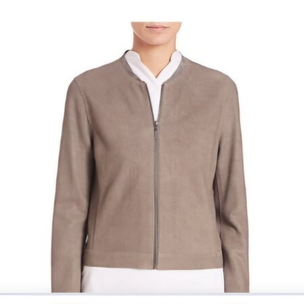 Elie Tahari die cut lambskin leather collarless jacket